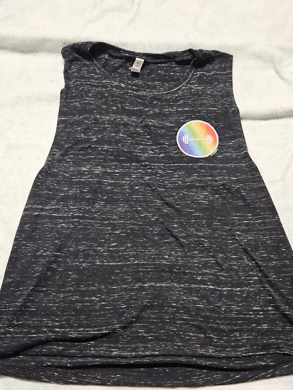 Women's Bella Canvas Black SpaceDye Muscle Tank with Rainbow Weightlifing Emblem